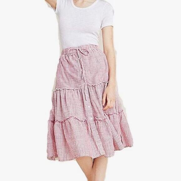 Sundry Red and White Striped Tiered Midi Skirt - Picture 1 of 8